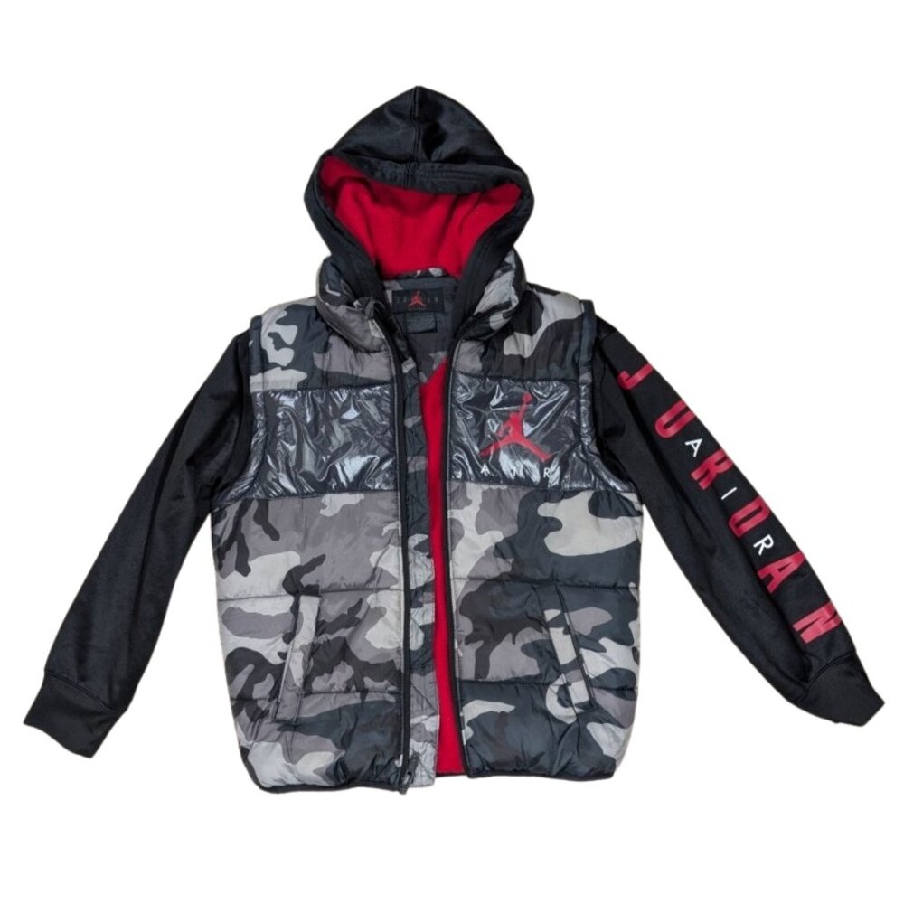 Jordan Youth Small 8-10 Grey Camo Puffer Vest Hoodie Jacket Red Fleece Lined